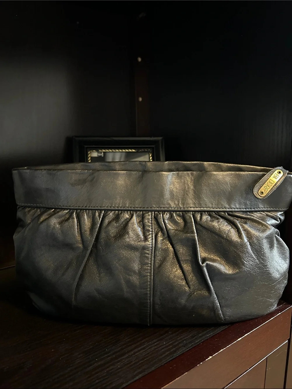 Women Black Leather Bill Dorf Clutch Bag with Gold Accent